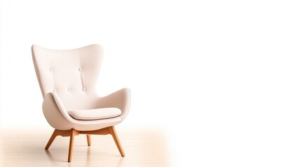 Cream armchair on light wood floor against white background