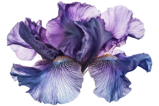 A close up of a vibrant purple iris flower with delicate petals against a Isolated on white transparent background