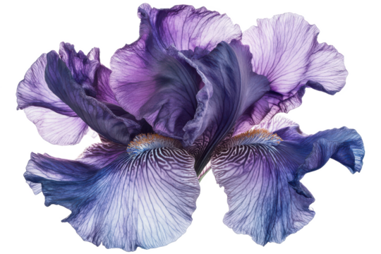 A close up of a vibrant purple iris flower with delicate petals against a Isolated on white transparent background