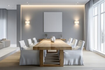 Fototapeta premium A serene dining room with light gray walls, a long wood table, and white upholstered chairs, accented with soft lighting