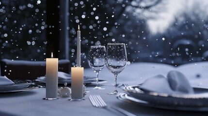 Romantic Snowy Winter Dinner Table Setting