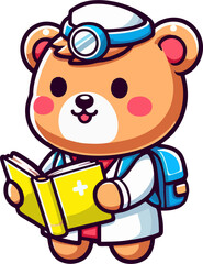 A cute cartoon-style bear mascot dressed as a doctor, wearing a white coat, head mirror, and carrying a blue backpack. The bear holds a yellow medical book and has a cheerful, friendly expression.
