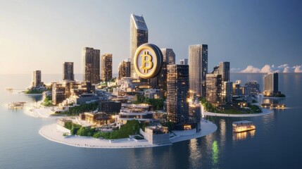 Fototapeta premium A smart city running entirely on cryptocurrency payments and blockchain infrastructure
