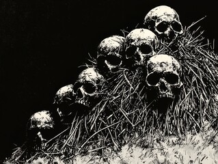 Eerie skulls resting on a haystack in a farm setting.