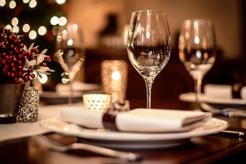 Romantic ambiance created by candlelight on a beautifully set dining table.