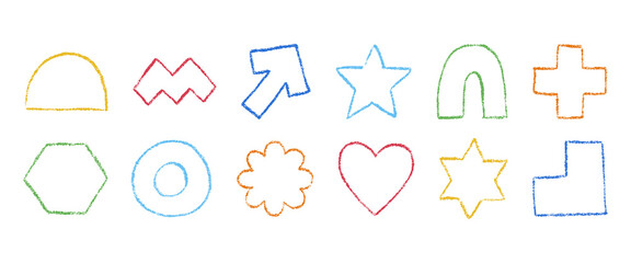 Simple outline geometric shapes drawn with crayon. Collection of abstract figures with grunge texture of wax pencil. Arrow, heart, flower, hexagon, cross and other. Hand drawn vector illustration