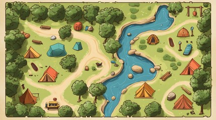 Hand-Drawn Camping Map with Tents, River, and Nature Illustrations