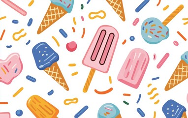 Playful summer ice cream pattern featuring melting cones, sprinkles, and popsicles in pastel hues, creating a fun and whimsical warm-weather design