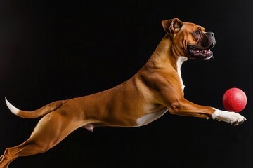 Dog in Air Catching Ball in Powerful Stance Against Black Background