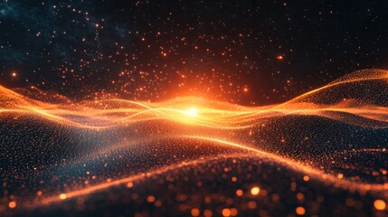 Abstract orange digital waves on dark background with particles