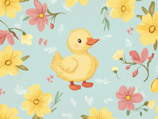 Cute baby duckling surrounded by colorful flowers on light blue background, creating cheerful and whimsical scene. duckling fluffy appearance adds charm to floral pattern