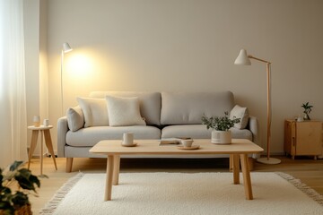 A serene Scandinavian living space with a light gray sofa, a wooden coffee table, a soft white rug, and a