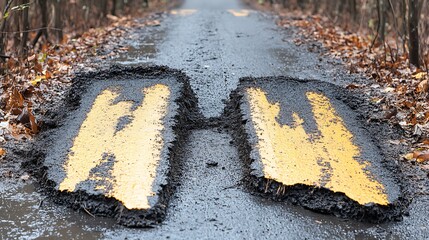 Damaged Road Surface With Two Yellow Painted Line Markings