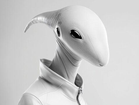 Futuristic alien figure in sleek attire.