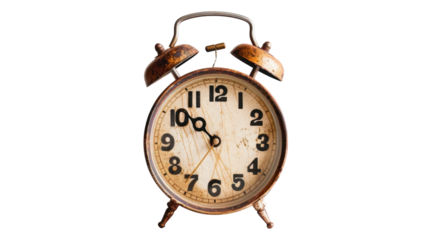 Old alarm clock showing ten o'clock on transparent background