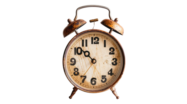 Old alarm clock showing ten o'clock on transparent background