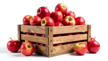 wooden box with red apples on white background