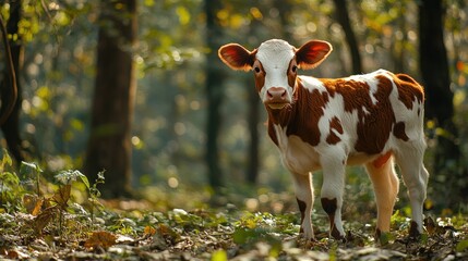 Gir: A distinctive red-and-white cow with a hump, standing in a lush Indian forest. 