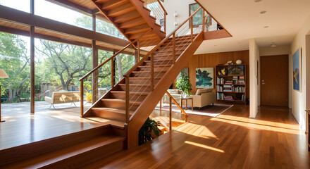 Obraz premium Interior mid-century modern home staircase 
