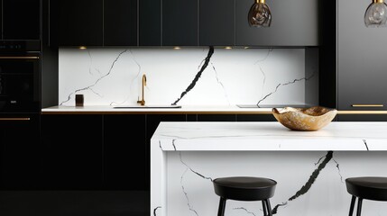 A sleek black and white kitchen with a glossy white marble island countertop, accented with golden hardware and a single