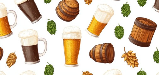Classic beer seamless pattern featuring frothy pint glasses, beer bottles, hops, barley, and rustic wooden kegs for a traditional pub-style look