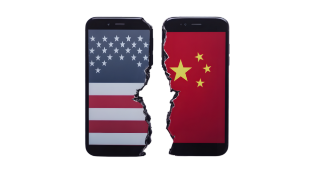 Division between the U.S. and China, using two smartphones with cracked edges. The American and Chinese flags on the phones represent geopolitical tensions, trade wars, and technological rivalries.