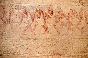 Wall painting from the tomb of Mereruka in Saqqara showing men pulling a fishing net and various detailed images of fish