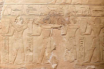 Mural from the mastaba of the Egyptian vizier Mereruka showing funerary procession with men carrying sacred oils