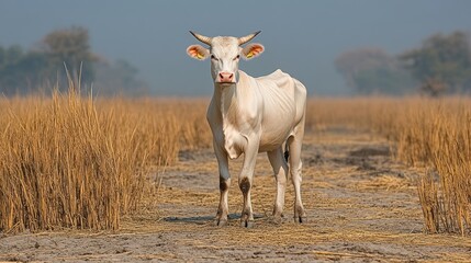 Boran: A light-colored cow with a sturdy build, standing in a dry African savanna. 