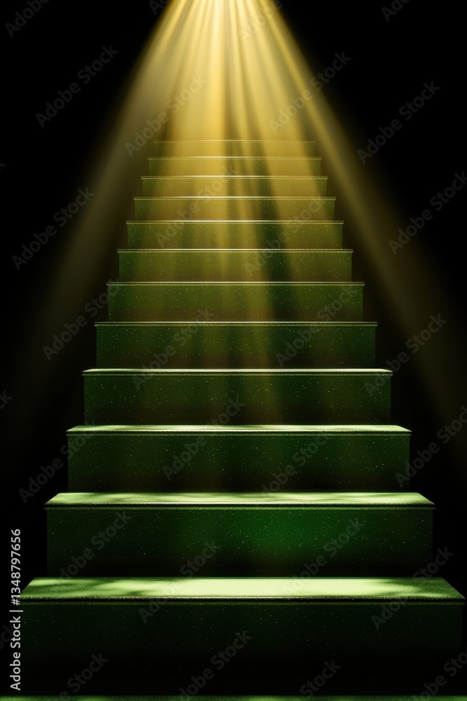 Poster a stairway illuminated by a beam of light, creating a dramatic and mystical atmosphere with a dark b