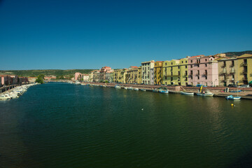 Colorful buildings on the river bank. Charming town of Bosa, Sardinia, Italy