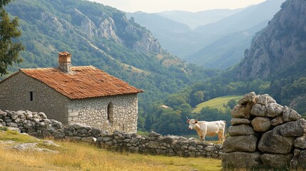 Piedmontese: A white cow with a lean build, standing in a rustic Italian countryside.