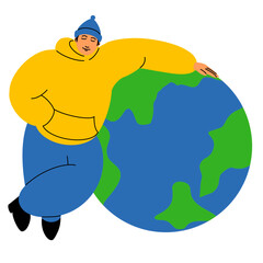 Illustration of a man hugging a globe with a transparent background
