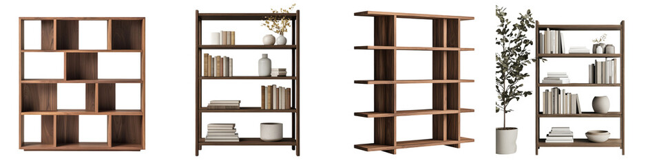 Collection of contemporary wood constructed bookshelves and storage units showcasing a clean minimalist design for organizing and displaying books decor and other household items