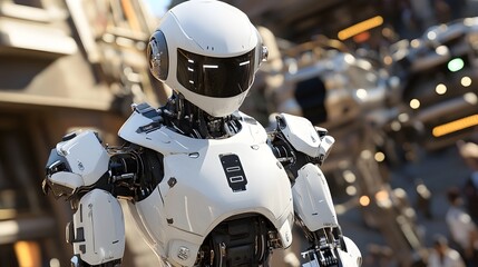 Fototapeta premium A robot standing proudly in front of a large building, symbolizing the future of technology and urban development
