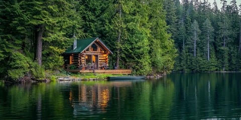 Fototapeta premium Idyllic log cabin nestled in serene woods by a tranquil lake.