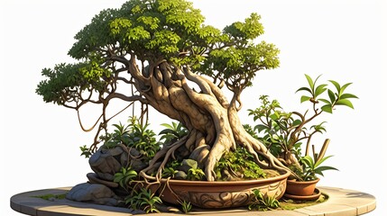 A stunning bonsai tree, a captivating miniature masterpiece, gracefully displayed amidst lush greenery, inviting a sense of tranquility and appreciation for nature's artistry.