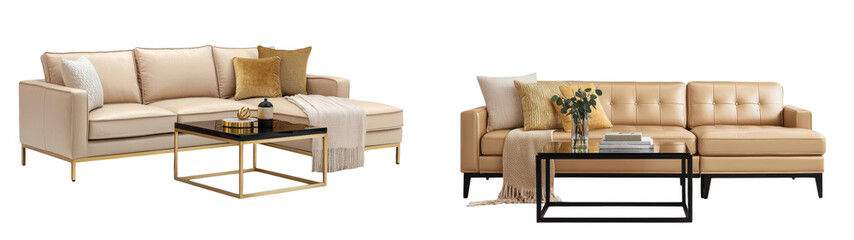 Sophisticated living space featuring a comfortable cream colored sofa with tufted details complemented by gold toned metal accents and a minimalist yet stylish coffee table design