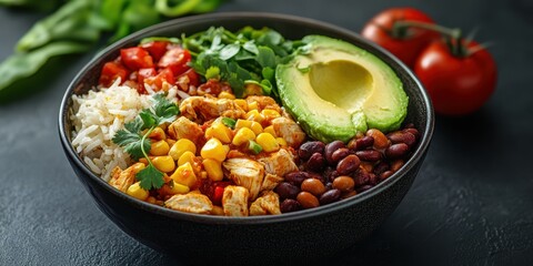 Colorful bowl featuring rice, chicken, beans, corn, avocado, and fresh vegetables ready to serve