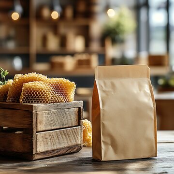 A honey pouch mockup in a farmer&acirc;&euro;&trade;s market setting, displayed next to fresh honeycomb and a wooden crate, blurred background creating depth, leaving space for text