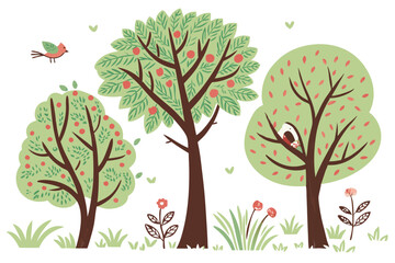 44 Colorful hand-drawn trees, childlike illustrations, simple shapes, green foliage, brown trunks, various tree types, whimsical forest, crayon texture, playful art style, nature doodles, cartoon tree