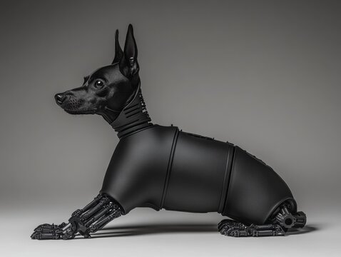 Robot dog in sleek black armor design.