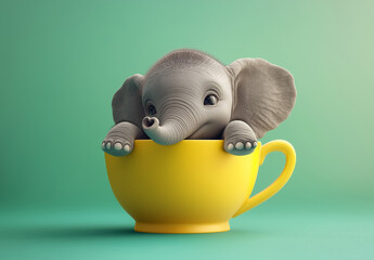 3d cute baby elephant sitting in a yellow cup, heart shape  trunk, lovely eyes and smile, cheerful little friend, adorable decoration for birthday card for kids with blank space for text on the cup