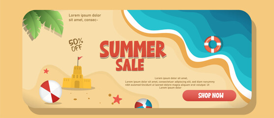 Summer sale 50% offer  Summer template featuring a tropical beach scene  horizontal banner poster vector illustration