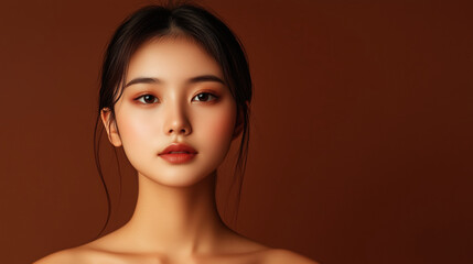 Naklejka premium A delicate portrait of a young Asian woman with dark hair styled loosely, gazing softly at the camera with luminous skin and subtle makeup against a warm brown background.