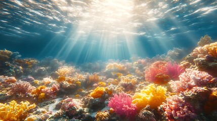 Obraz premium Vibrant coral reef underwater scene with sunbeams.