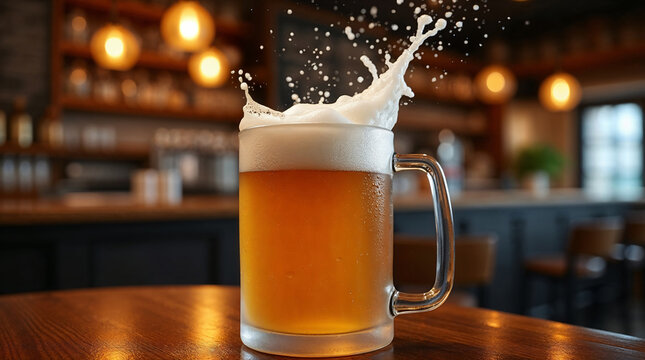 Jarra de cerveza con espuma salpicando en un bar iluminado
