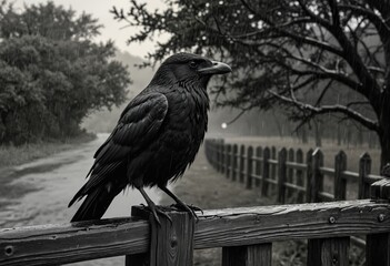 A black crow stands on a wooden fence during a rainy day