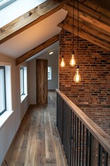Fototapeta premium Home improvement with sustainable building concept. Loft interior featuring rustic wooden beams, exposed brick walls, and pendant lighting along a spacious corridor.