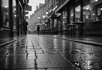 A lone figure walks down a rain-slicked street lined with darkened shops